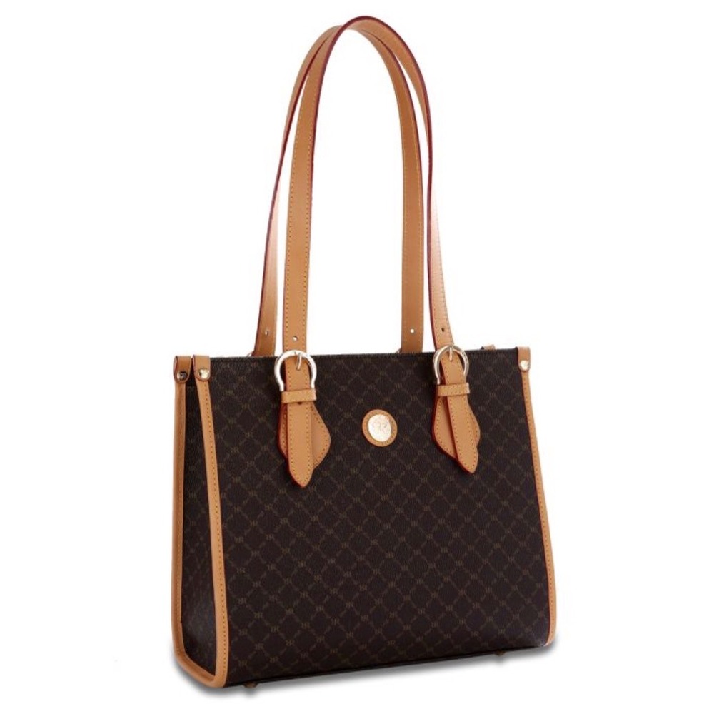 Rioni Moda Italia Brown Monogram Tote Bag Tan Leather Trim Womens Handbag